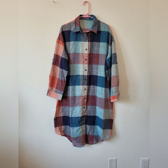 Plaid Shirtdress Red Blue Checkered Lightweight Boho Hippie Teacher Artsy Small - Picture 2 of 12